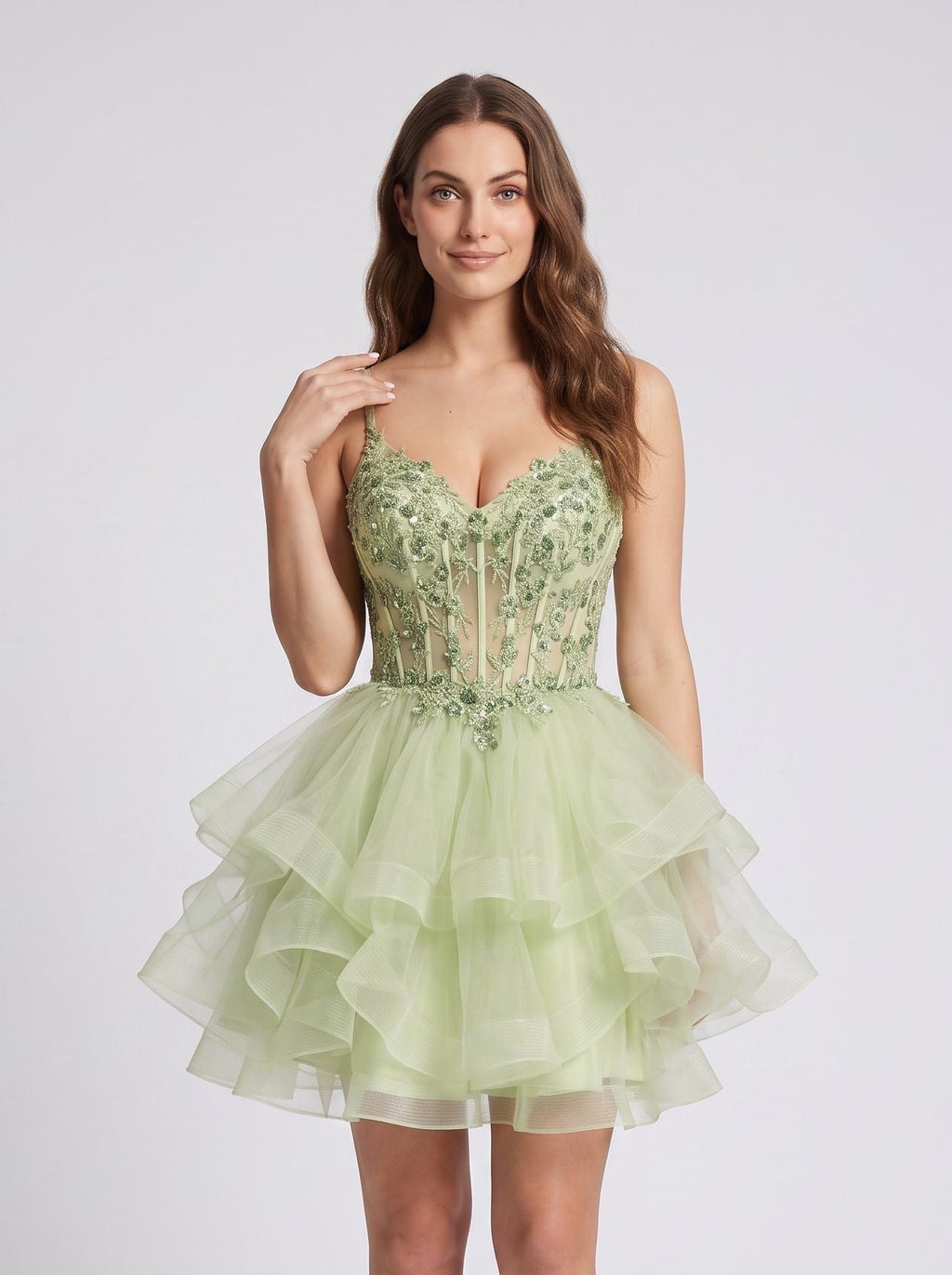 Mint Green Tulle A-Line V-Neck Back Zip Short Dress with Embroidery