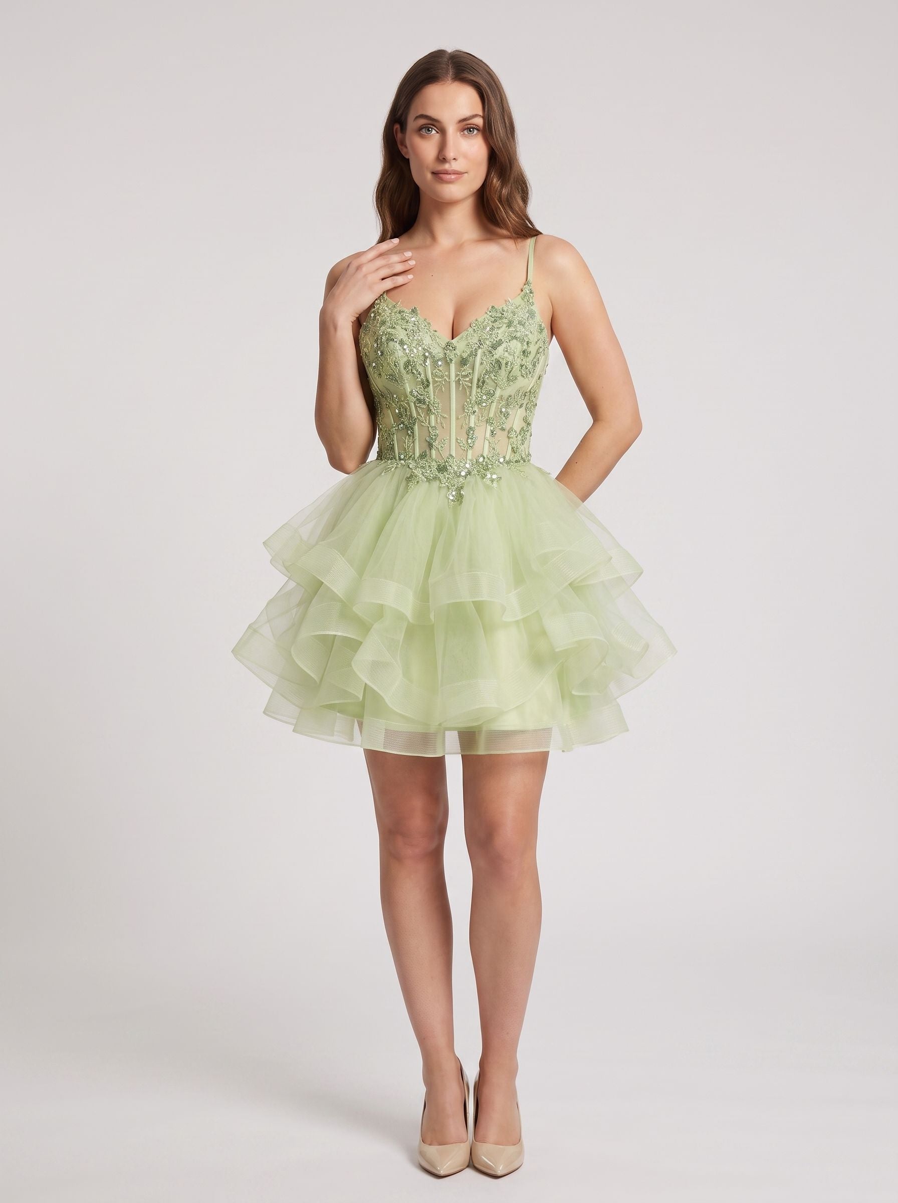 Mint Green Tulle A-Line V-Neck Back Zip Short Dress with Embroidery