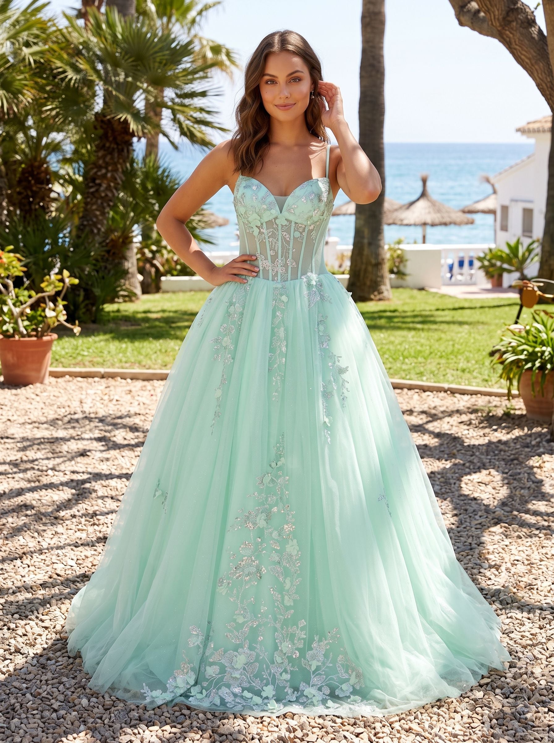 Mint Green Tulle A-Line V-Neck Back Zip Floor-Length Dress with Lace Appliques