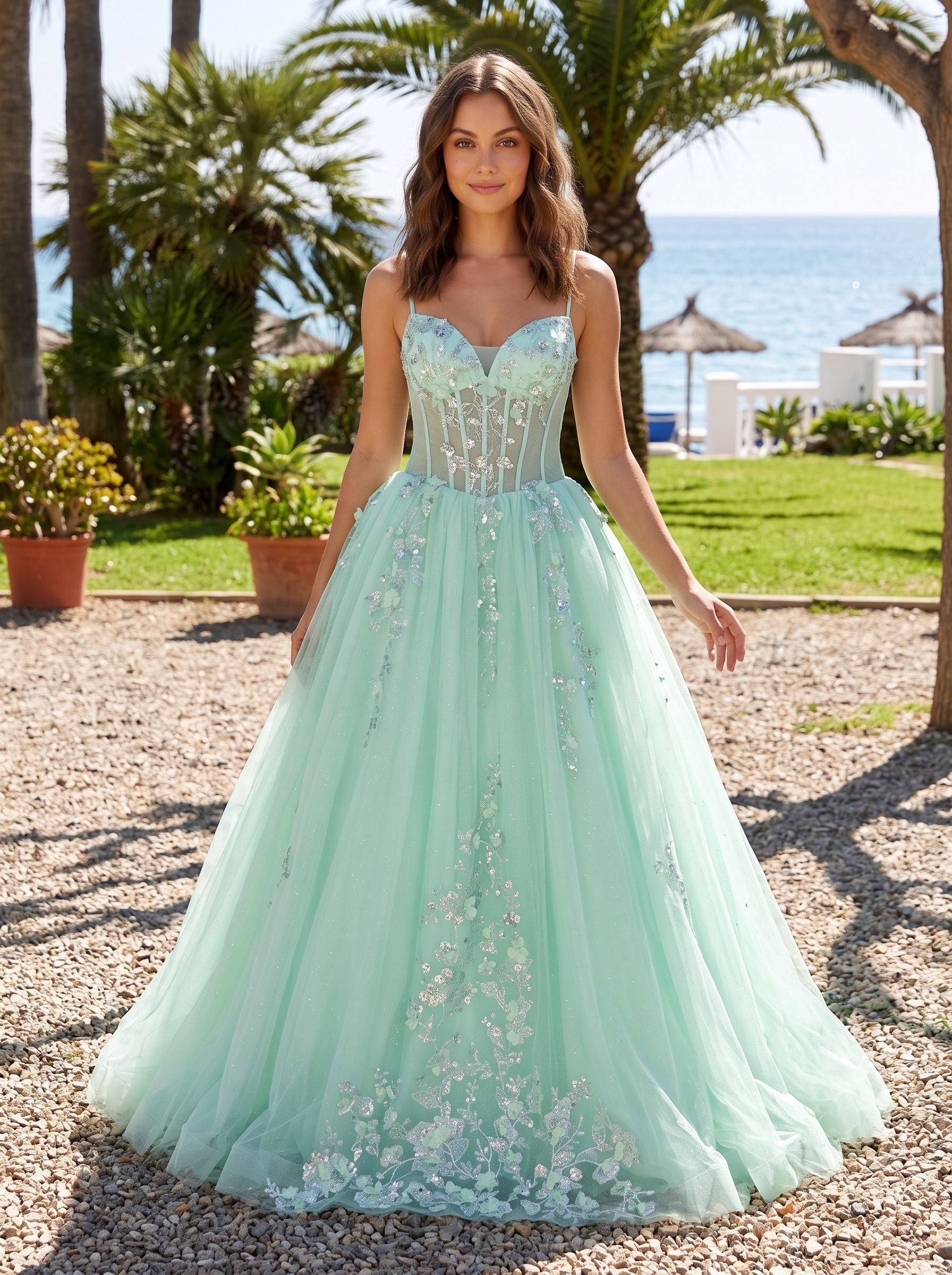 Mint Green Tulle A-Line V-Neck Back Zip Floor-Length Dress with Lace Appliques