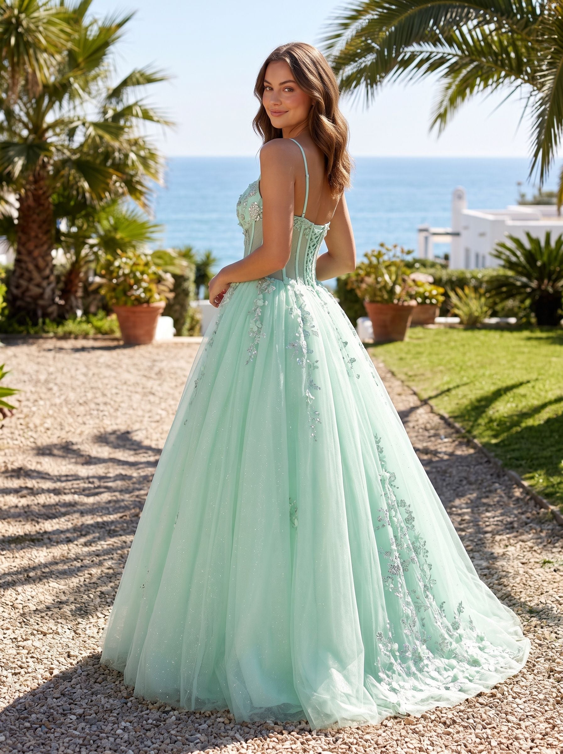 Mint Green Tulle A-Line V-Neck Back Zip Floor-Length Dress with Lace Appliques