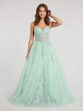Mint Green Tulle A-Line V-Neck Back Zip Floor-Length Dress with Lace Appliques