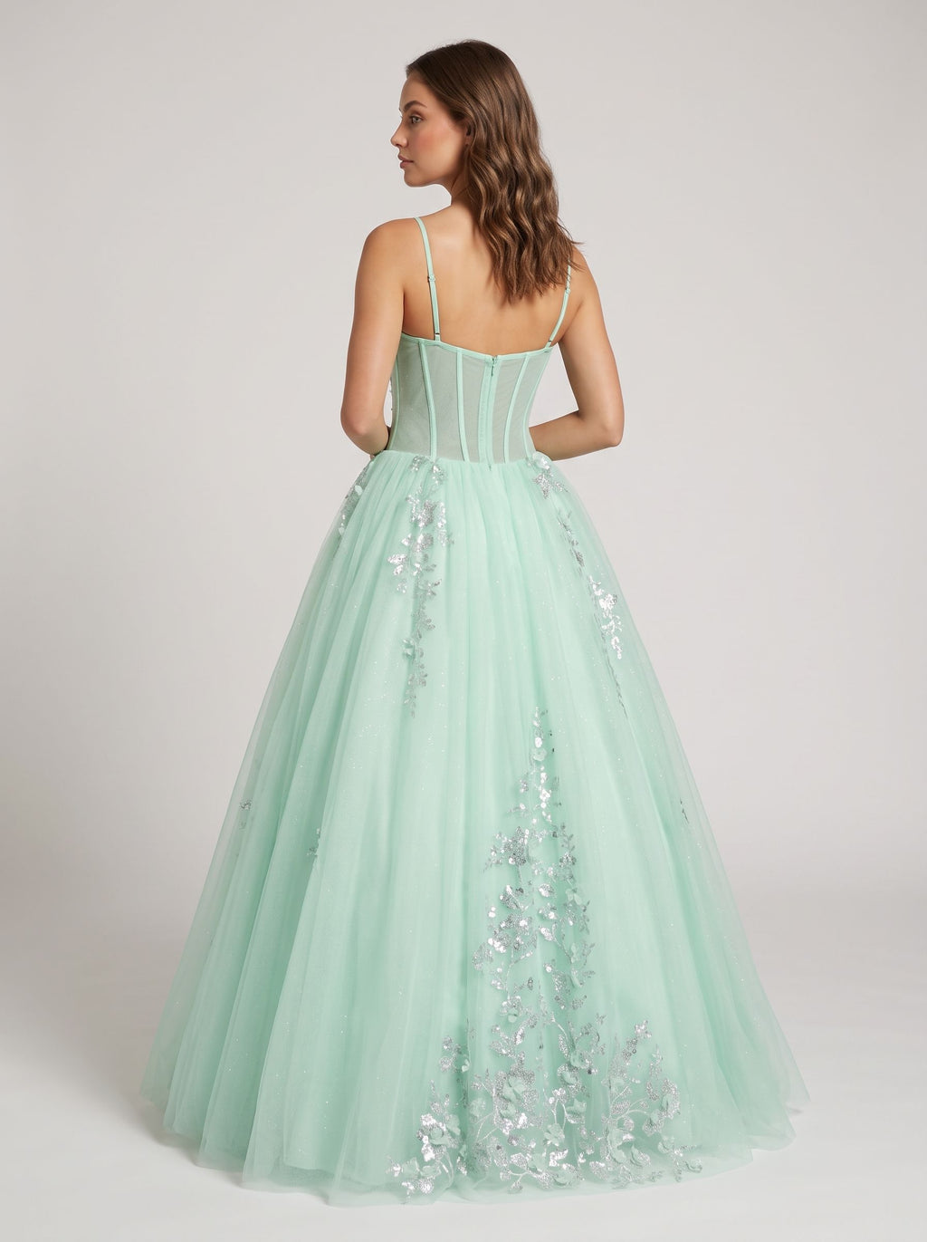 Mint Green Tulle A-Line V-Neck Back Zip Floor-Length Dress with Lace Appliques