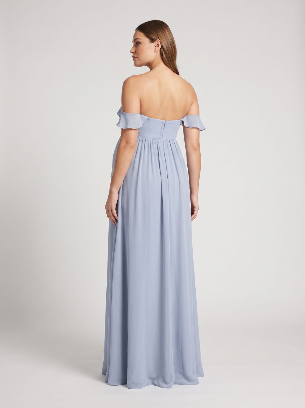 Mist Chiffon A-Line Off-the-Shoulder Back Zip Floor-Length Dress with Ruffled Sleeves