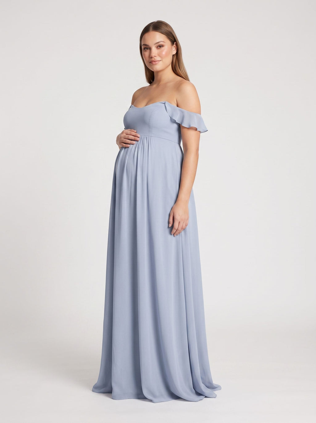 Mist Chiffon A-Line Off-the-Shoulder Back Zip Floor-Length Dress with Ruffled Sleeves