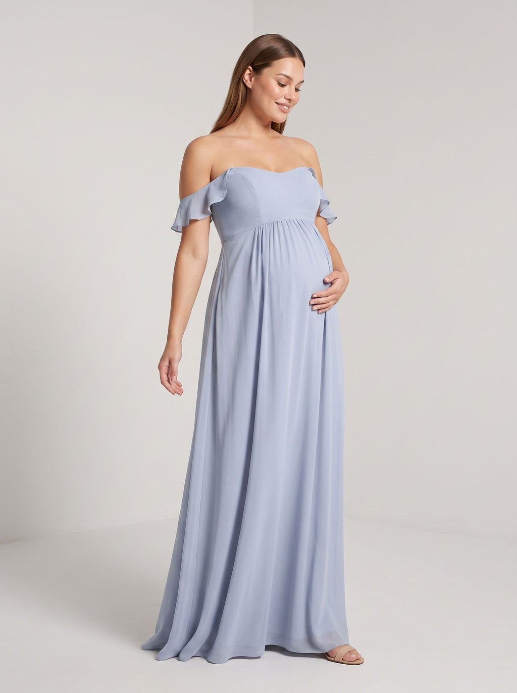 Mist Chiffon A-Line Off-the-Shoulder Back Zip Floor-Length Dress with Ruffled Sleeves