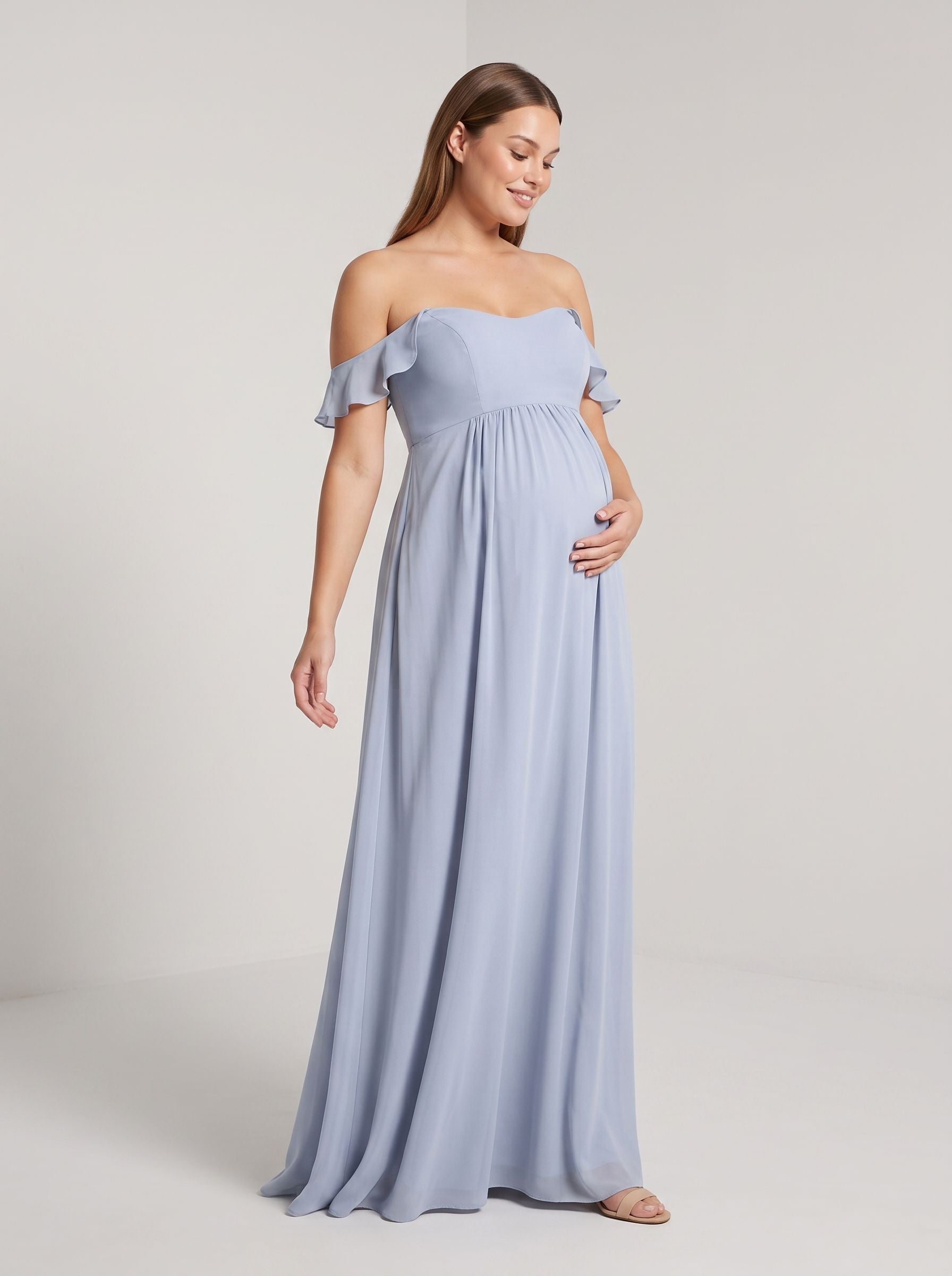 Mist Chiffon A-Line Off-the-Shoulder Back Zip Floor-Length Dress with Ruffled Sleeves