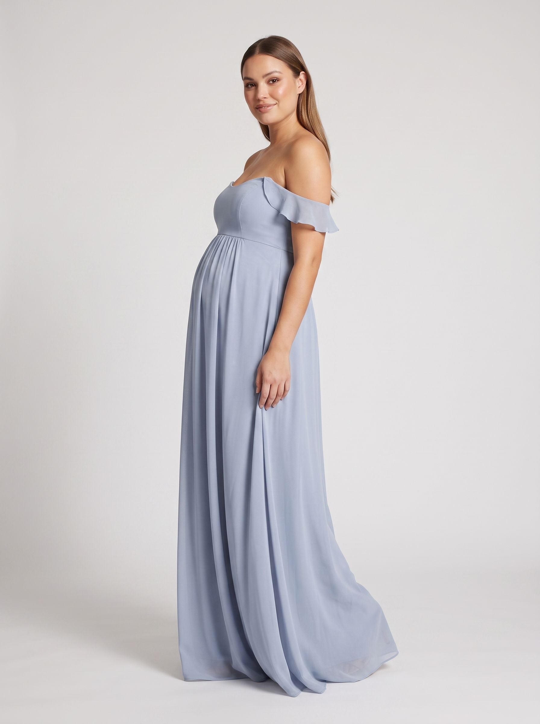 Mist Chiffon A-Line Off-the-Shoulder Back Zip Floor-Length Dress with Ruffled Sleeves