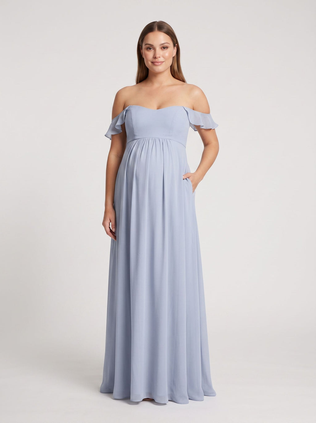 Mist Chiffon A-Line Off-the-Shoulder Back Zip Floor-Length Dress with Ruffled Sleeves