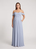 Mist Chiffon A-Line Off-the-Shoulder Back Zip Floor-Length Dress with Ruffled Sleeves