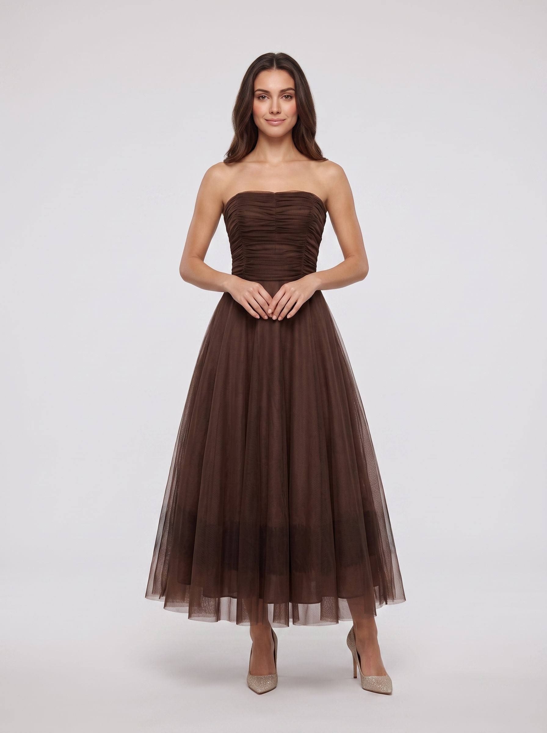 Mocha Chiffon A-Line Straight Neck Back Zip Floor-Length Dress with Pleated Bodice
