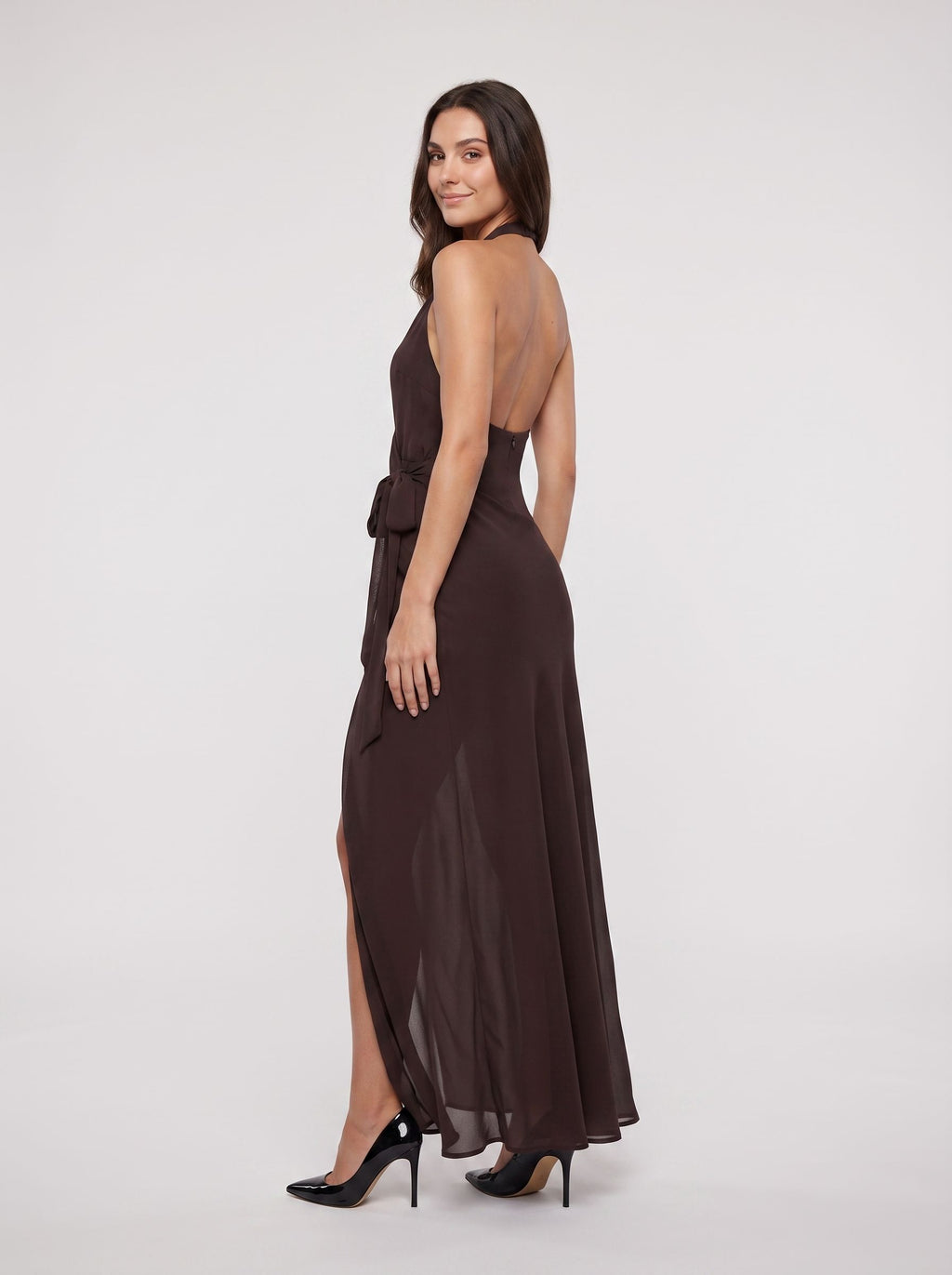 Mocha Chiffon A-Line Halter neckline Backless Floor-Length Dress with Front Slit