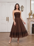Mocha Chiffon A-Line Straight Neck Back Zip Floor-Length Dress with Pleated Bodice