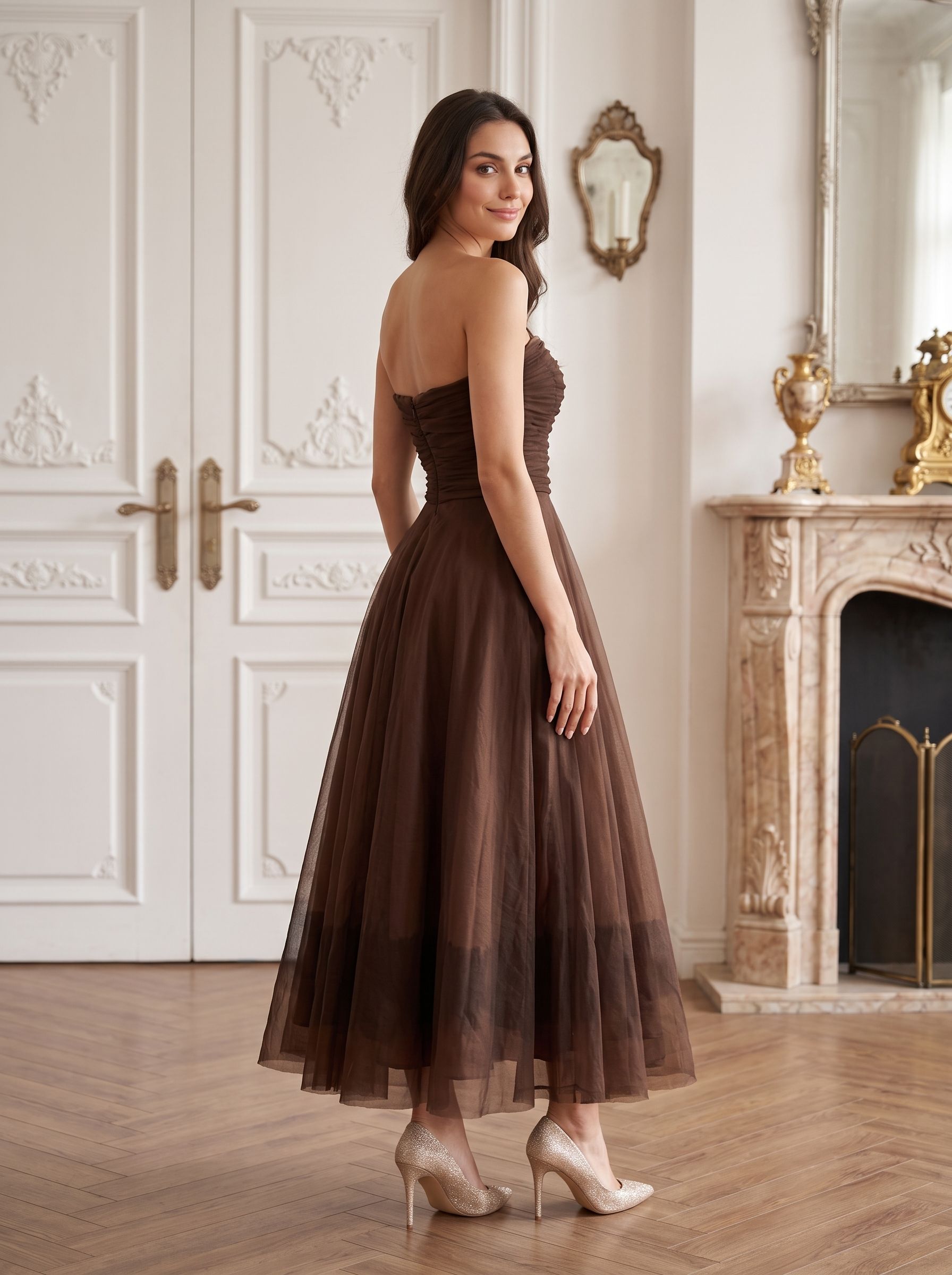 Mocha Chiffon A-Line Straight Neck Back Zip Floor-Length Dress with Pleated Bodice