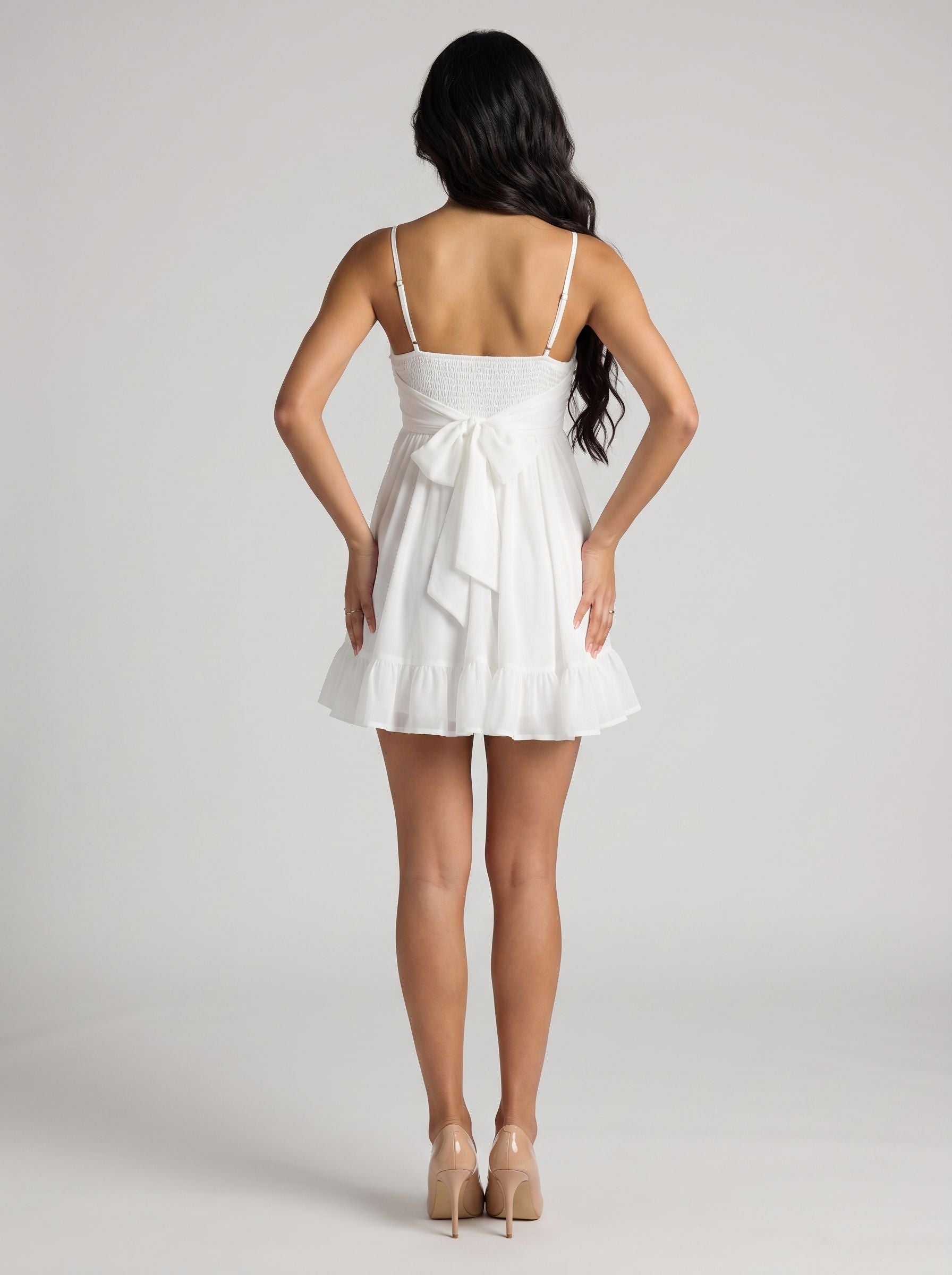 White Chiffon A-Line Sweetheart Bow Short Dress with Ruffle Hem