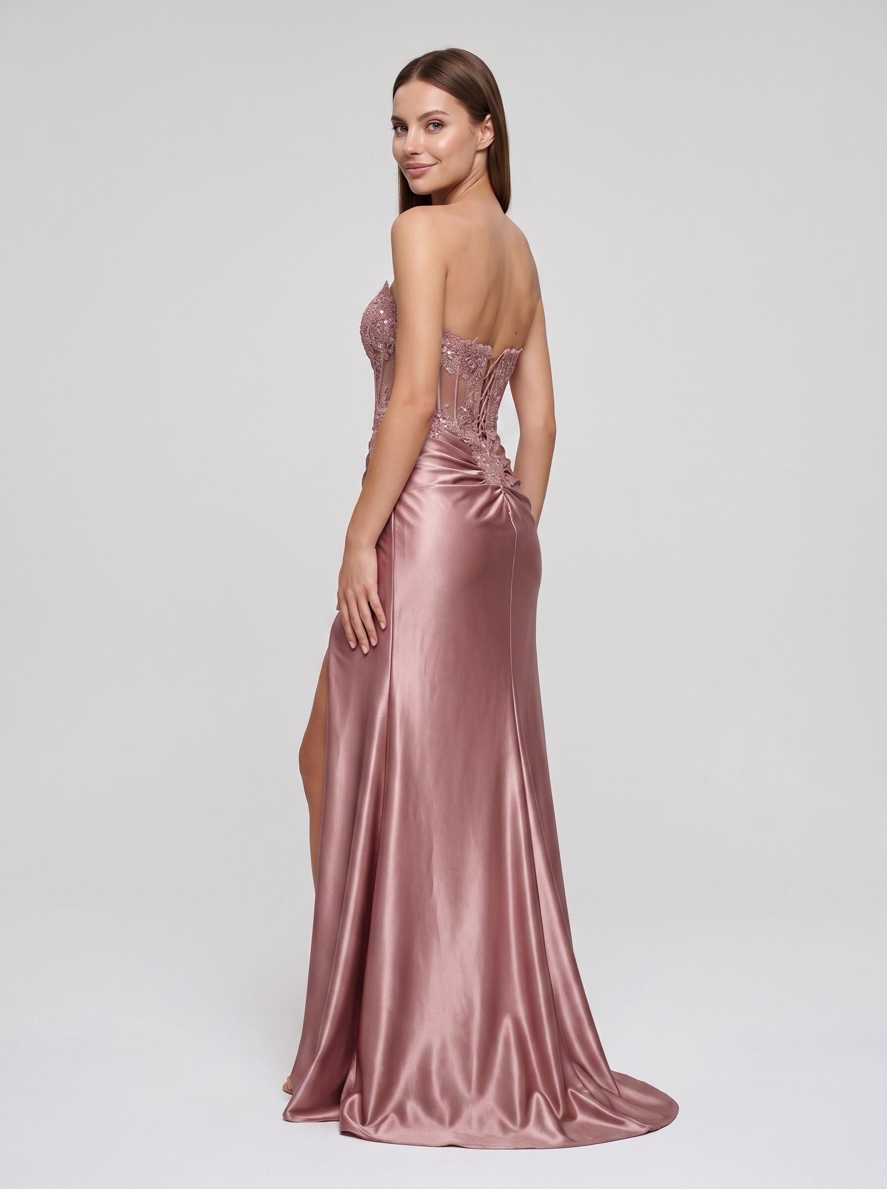 Rose Gold Satin A-Line Sweetheart Lace-up Floor-Length Dress with Beaded Corset and Slit