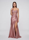 Rose Gold Satin A-Line Sweetheart Lace-up Floor-Length Dress with Beaded Corset and Slit