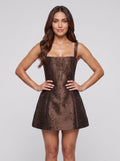 Mocha Jacquard A-Line Square Neck Lace-up Short Dress with Boned Bodice