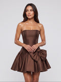Mocha Satin A-Line Straight Neck Bow Short Dress with Pearl Trim