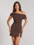 Mocha Stretch Knit A-Line Off-the-Shoulder BacklessShort Dress with Ruched Detailing