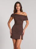 Mocha Stretch Knit A-Line Off-the-Shoulder BacklessShort Dress with Ruched Detailing