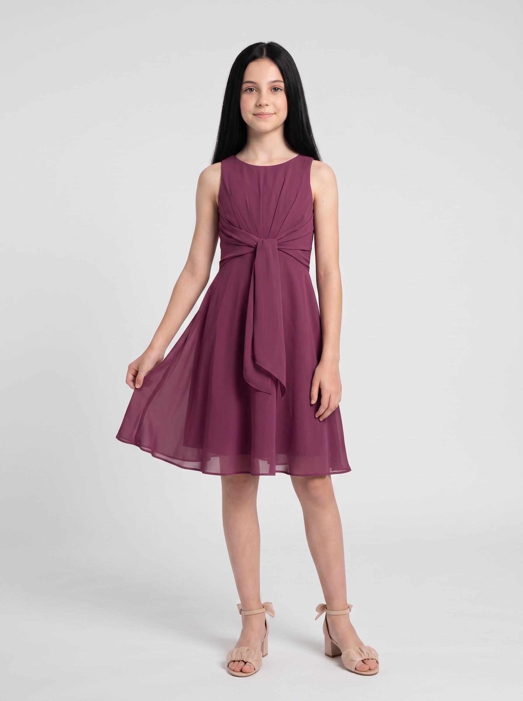 Mulberry Chiffon A-Line Scoop Neck V-Back Floor-Length Dress with Convertible Straps