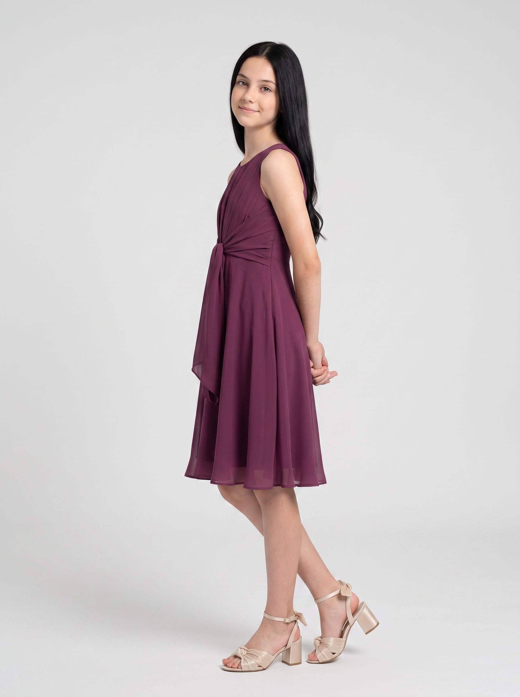 Mulberry Chiffon A-Line Scoop Neck V-Back Floor-Length Dress with Convertible Straps