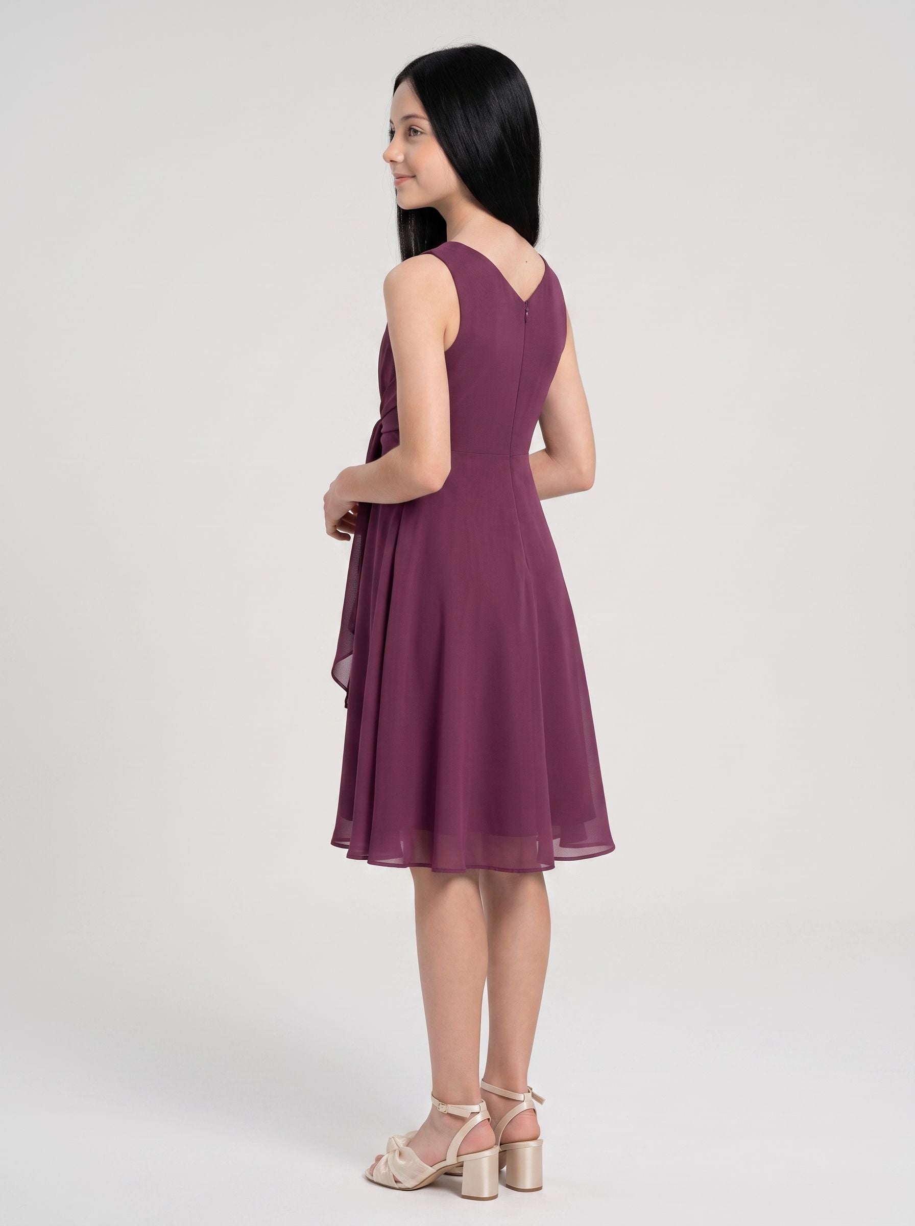 Mulberry Chiffon A-Line Scoop Neck V-Back Floor-Length Dress with Convertible Straps