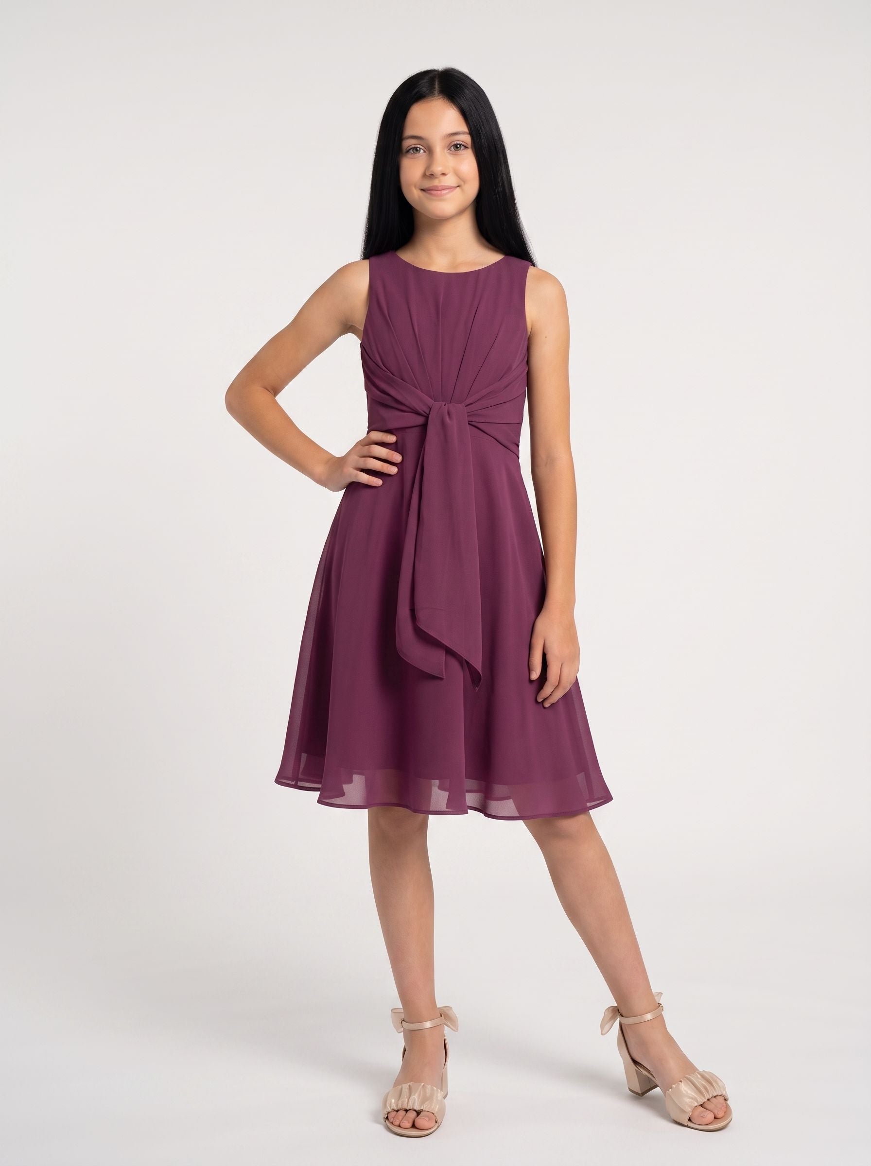 Mulberry Chiffon A-Line Scoop Neck V-Back Floor-Length Dress with Convertible Straps