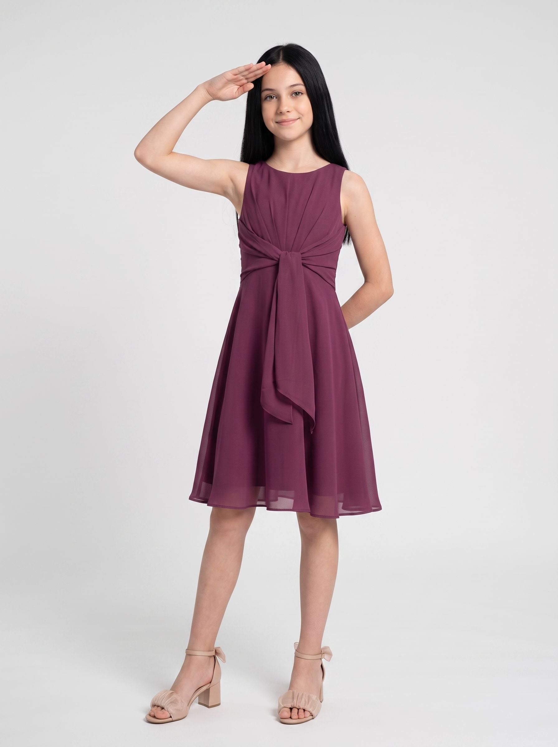 Mulberry Chiffon A-Line Scoop Neck V-Back Floor-Length Dress with Convertible Straps