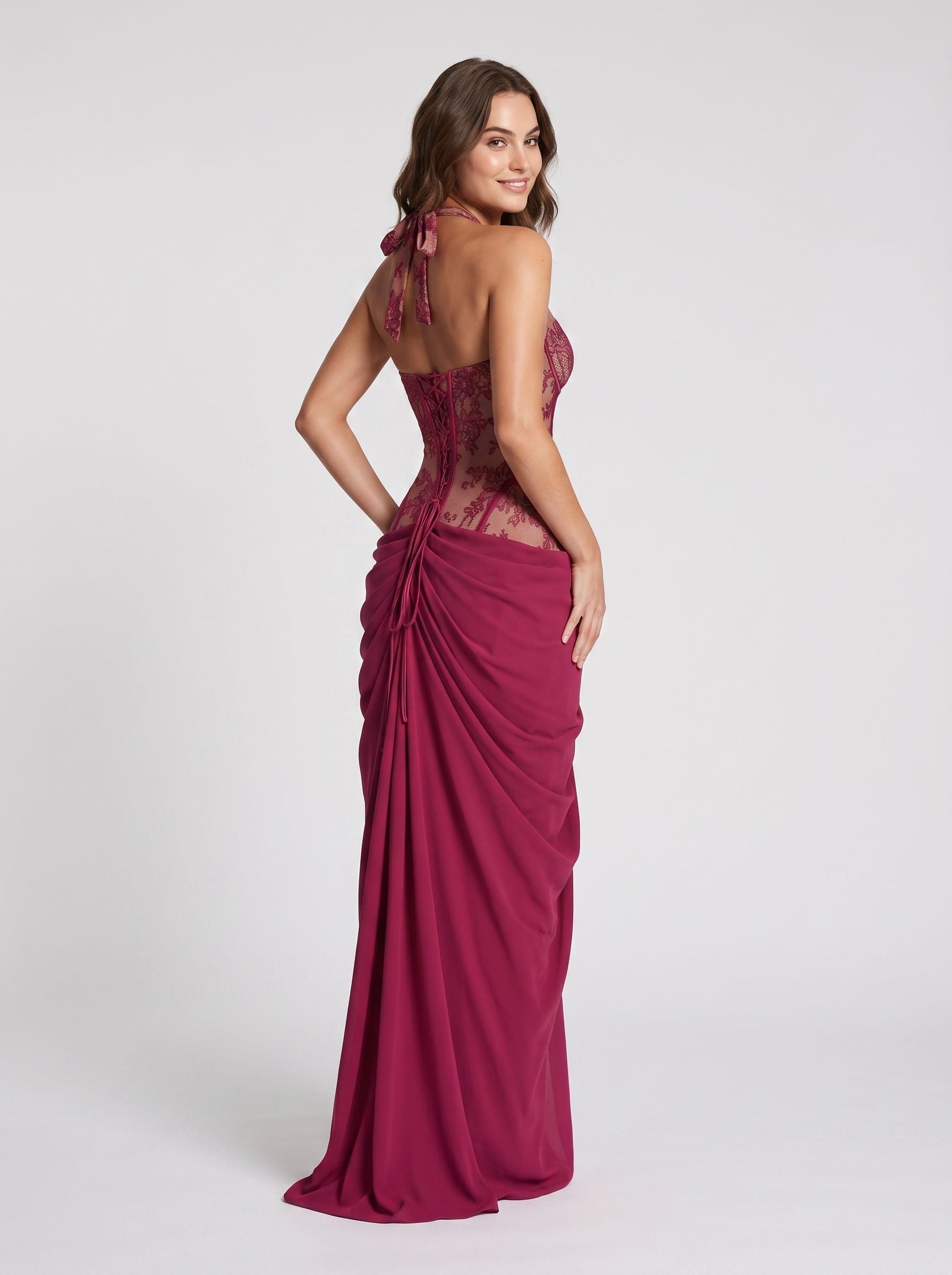 Mulberry Lace & Satin Sheath Halter neckline Lace-up Floor-Length Dress