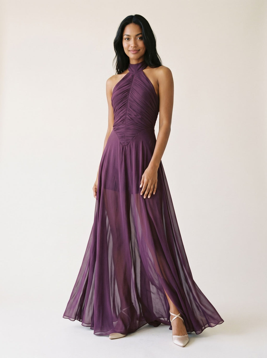 Mulberry Mesh A-Line Halter Backless Floor-Length Prom Dress with Pleats