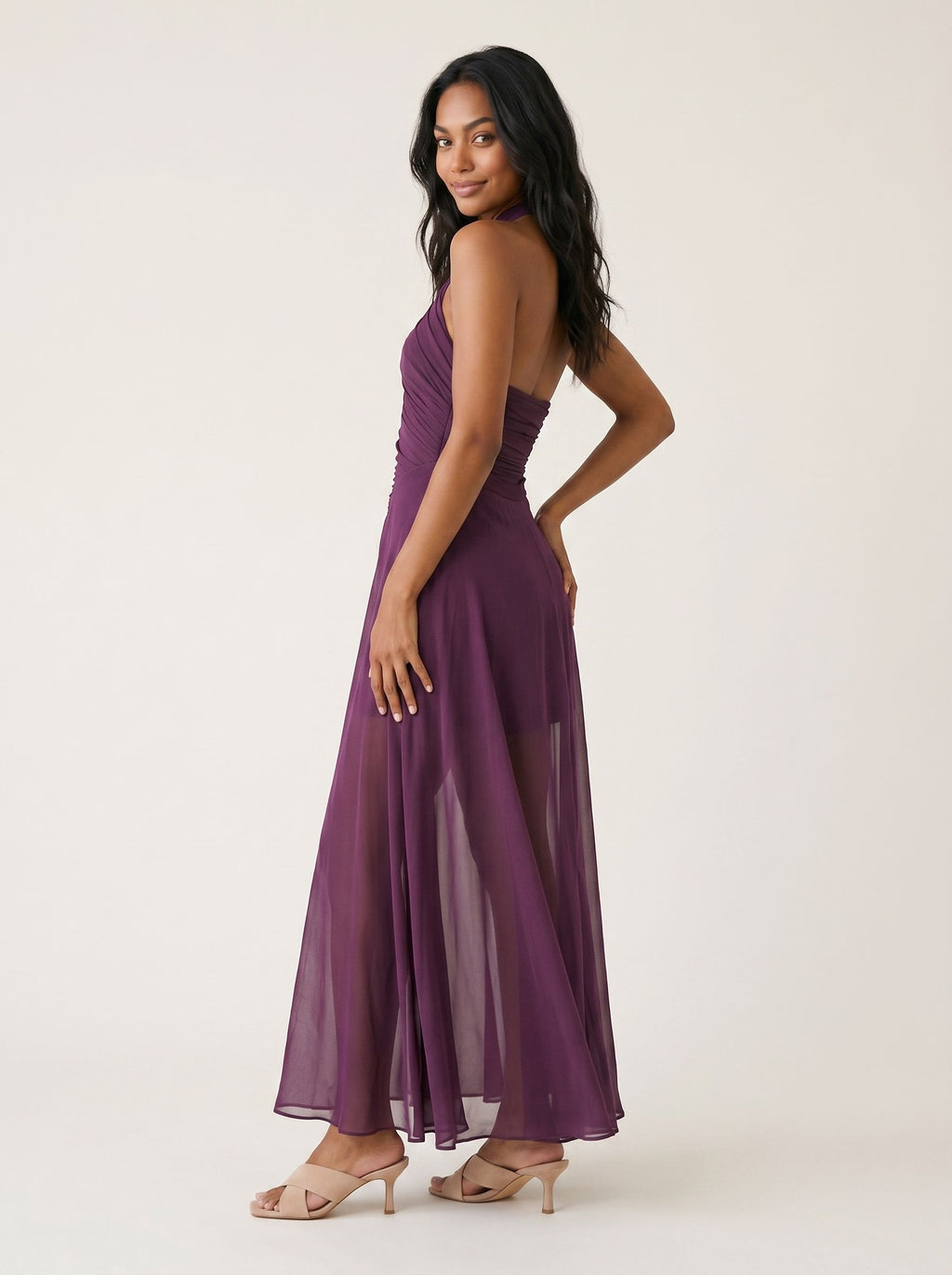 Mulberry Mesh A-Line Halter Backless Floor-Length Prom Dress with Pleats