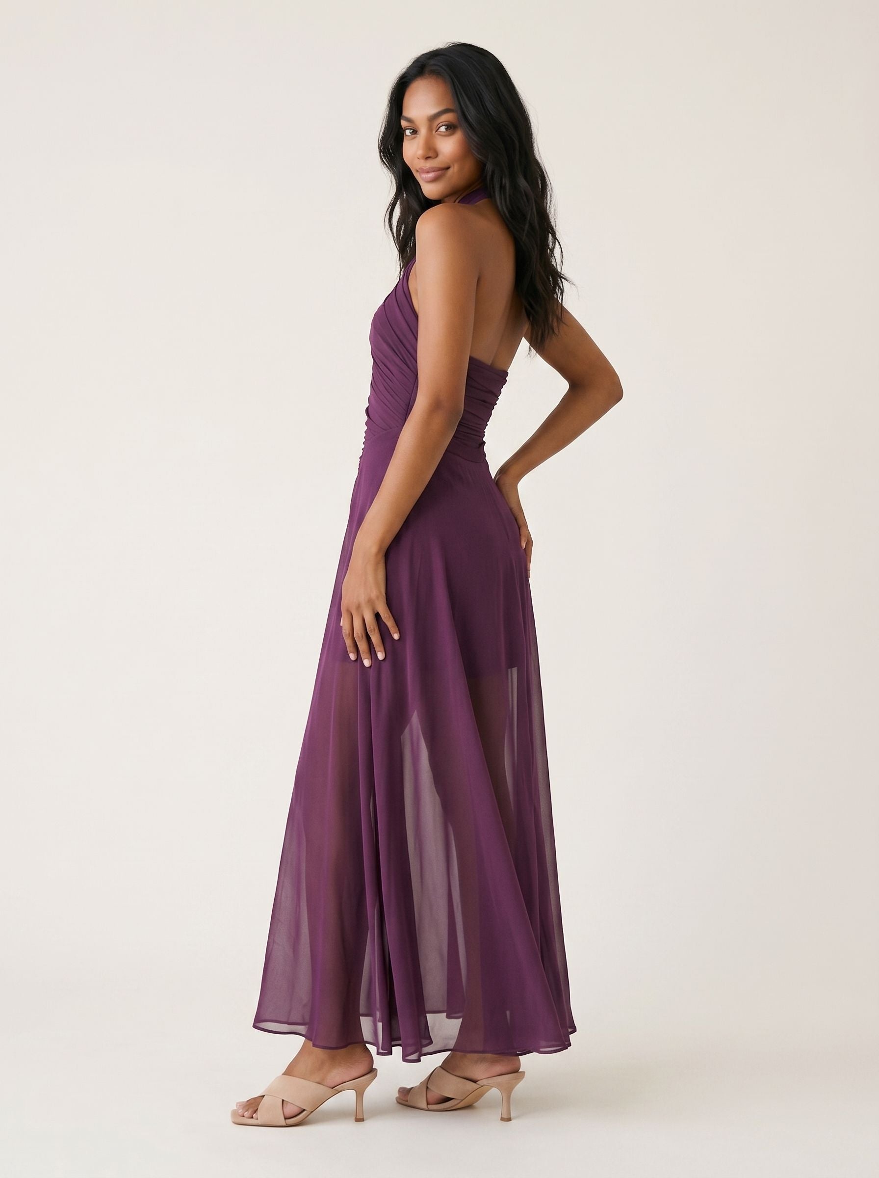 Mulberry Mesh A-Line Halter Backless Floor-Length Prom Dress with Pleats