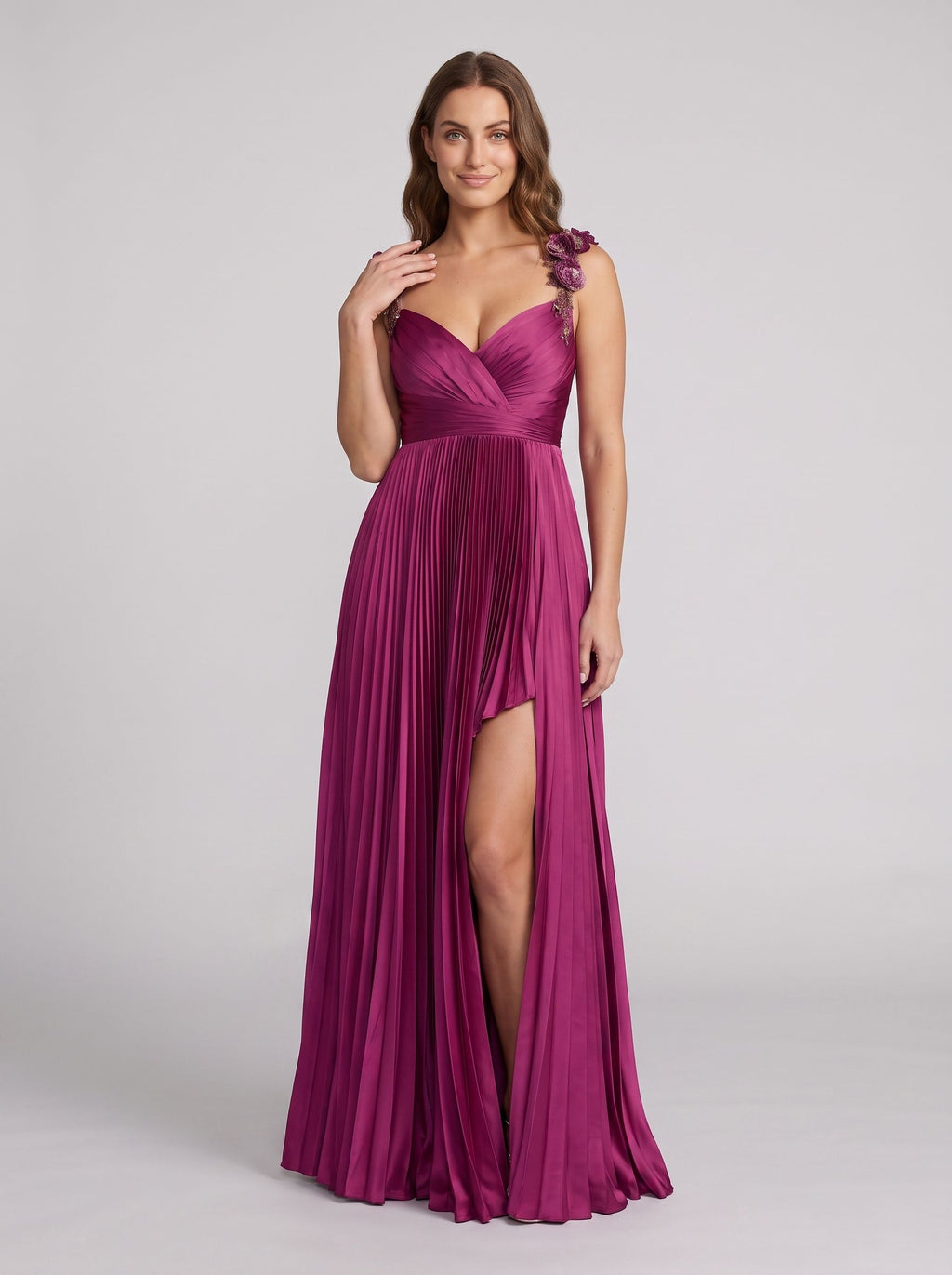 Mulberry Satin A-Line V-Neck Back Zip Asymmetrical Dress with Floral Straps