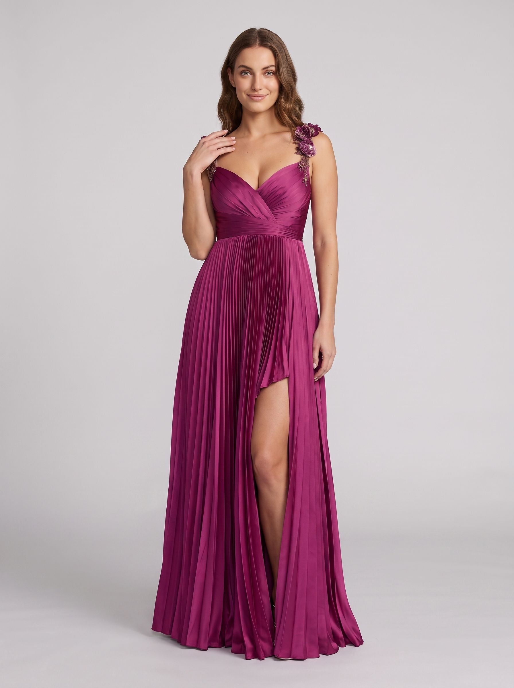 Mulberry Satin A-Line V-Neck Back Zip Asymmetrical Dress with Floral Straps