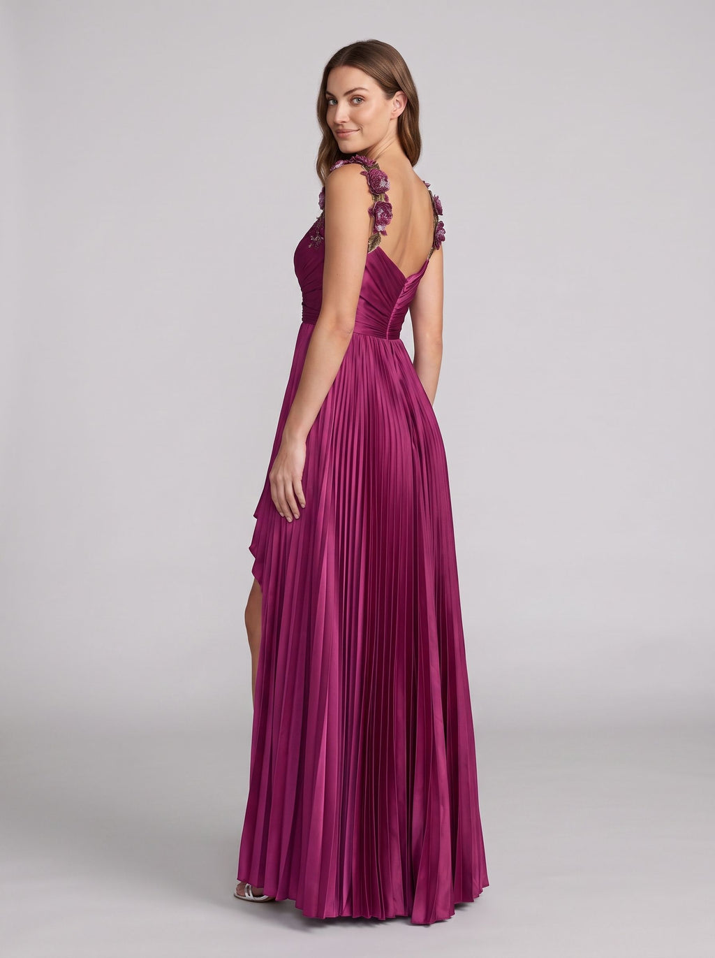 Mulberry Satin A-Line V-Neck Back Zip Asymmetrical Dress with Floral Straps