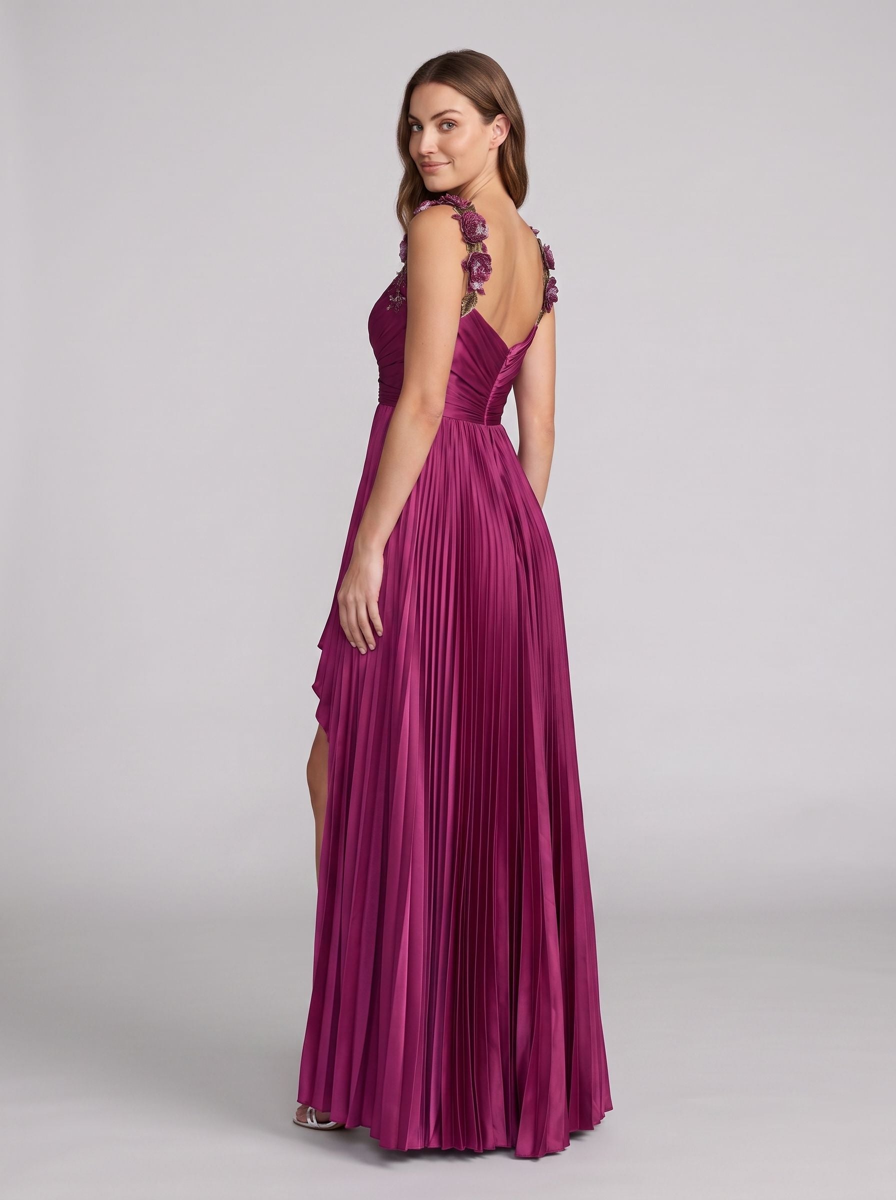 Mulberry Satin A-Line V-Neck Back Zip Asymmetrical Dress with Floral Straps