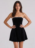 Black Satin A-Line Straight Neck Criss-Cross Straps Short Dress with Ruffles