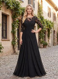 Black Chiffon A-Line Scoop Neck Keyhole Back Floor-Length Dress with Lace Appliques