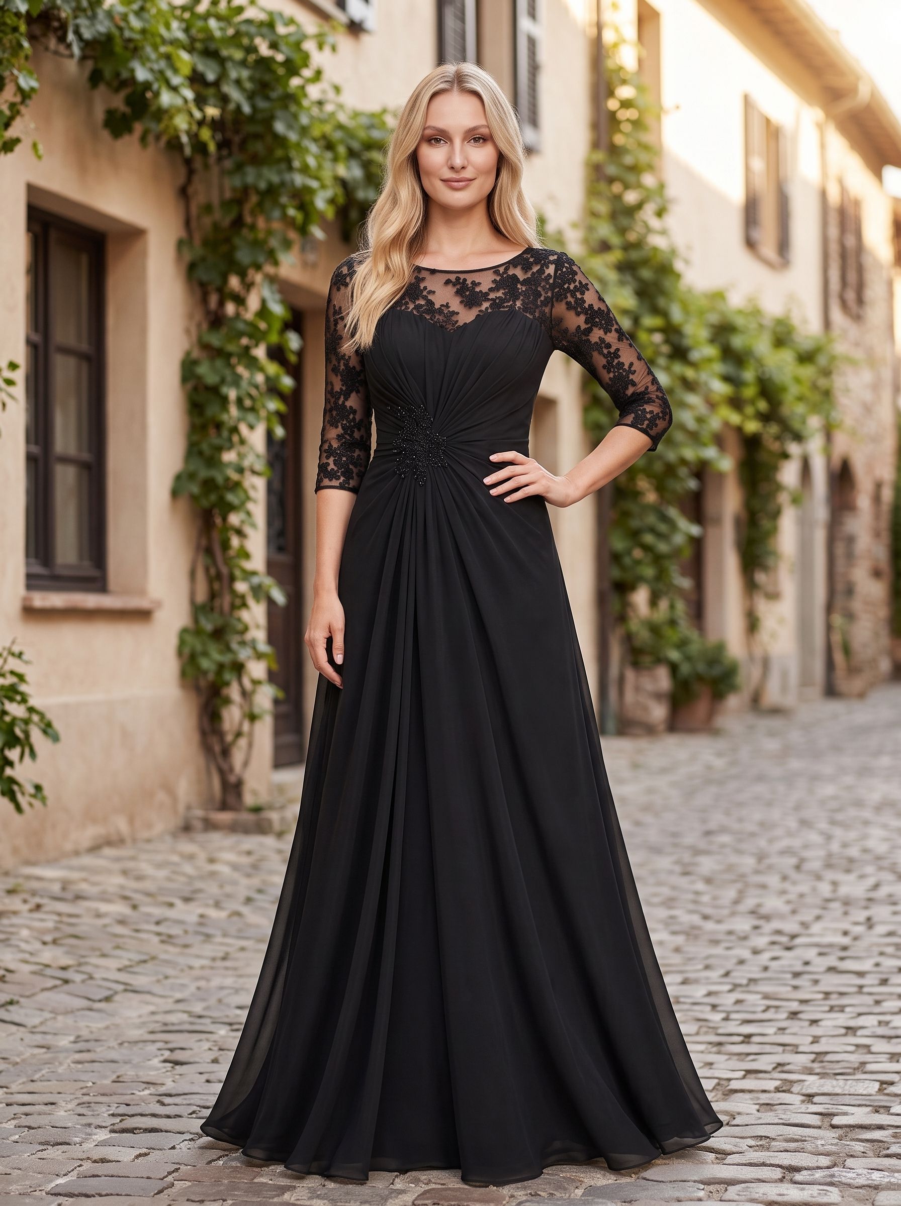 Black Chiffon A-Line Scoop Neck Keyhole Back Floor-Length Dress with Lace Appliques