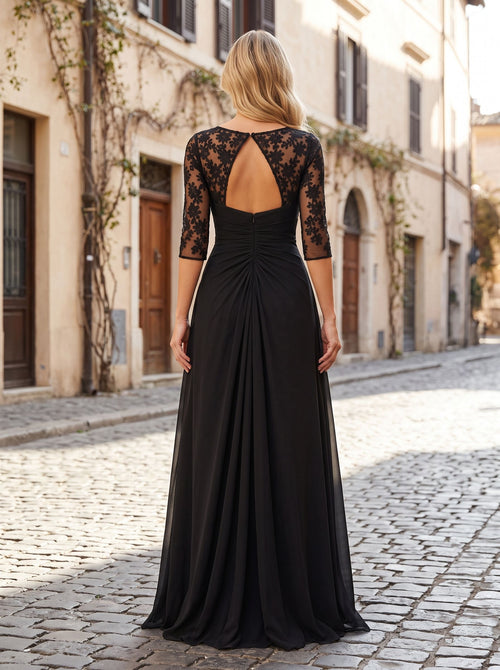 Black Chiffon A-Line Scoop Neck Keyhole Back Floor-Length Dress with Lace Appliques