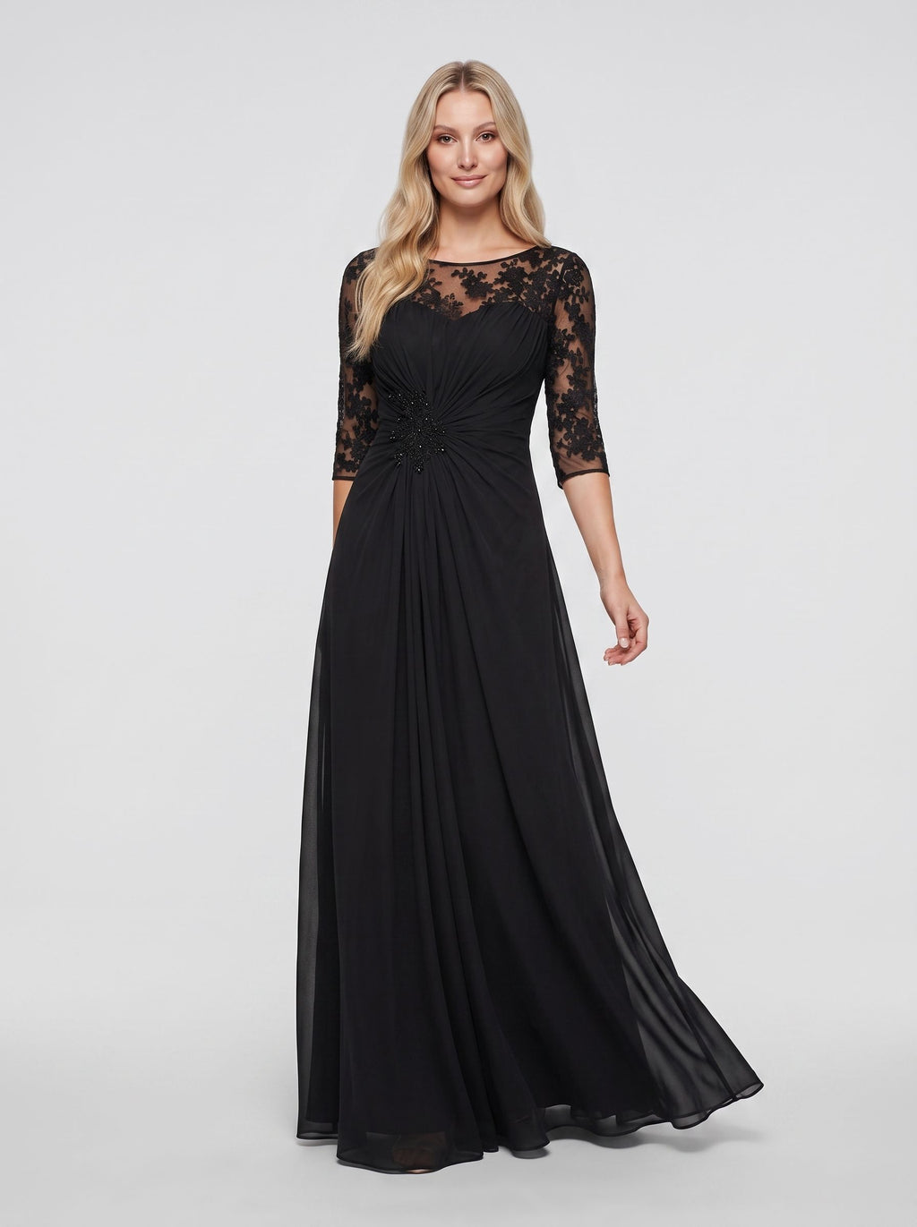 Black Chiffon A-Line Scoop Neck Keyhole Back Floor-Length Dress with Lace Appliques