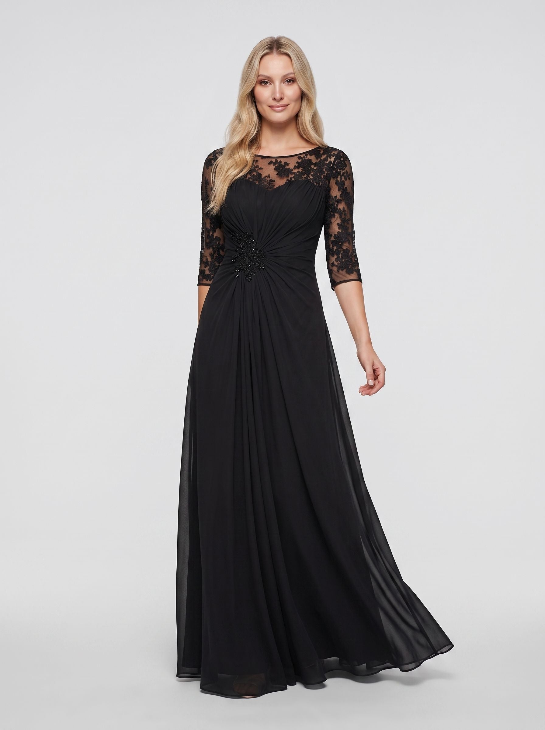 Black Chiffon A-Line Scoop Neck Keyhole Back Floor-Length Dress with Lace Appliques