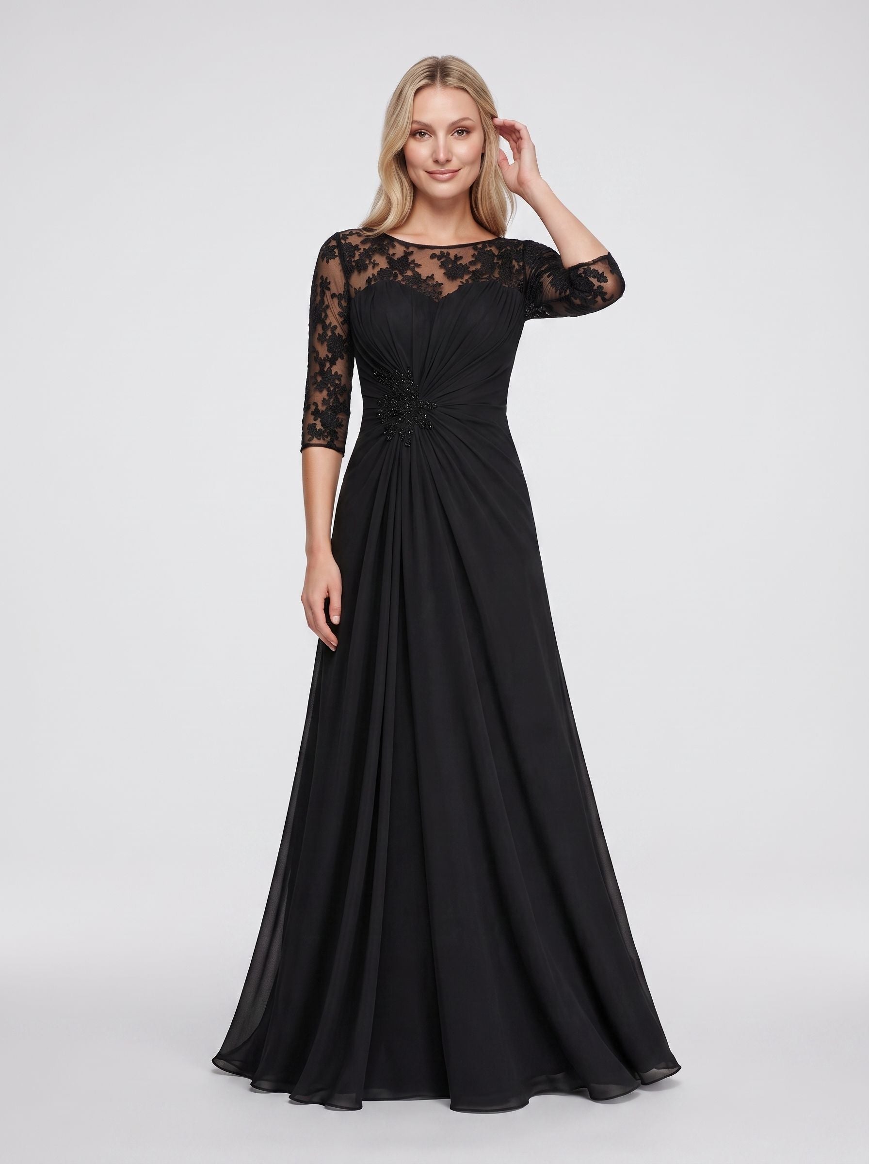 Black Chiffon A-Line Scoop Neck Keyhole Back Floor-Length Dress with Lace Appliques