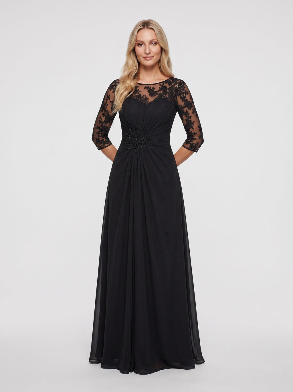 Black Chiffon A-Line Scoop Neck Keyhole Back Floor-Length Dress with Lace Appliques