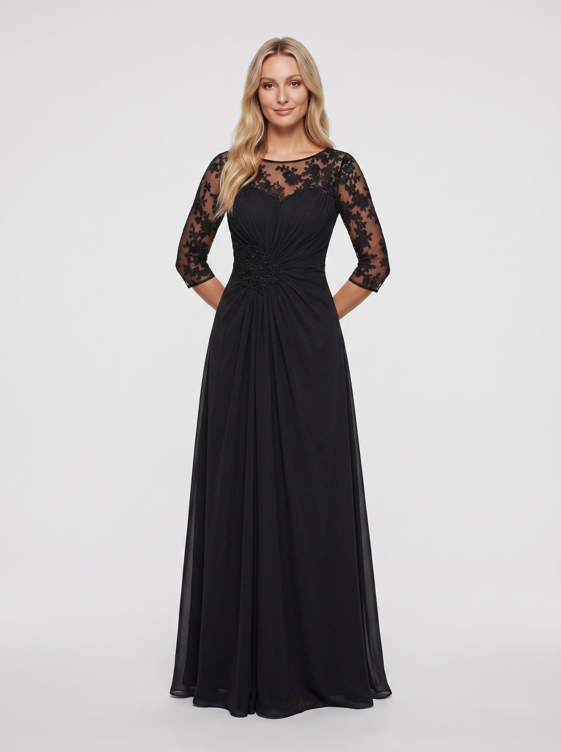 Black Chiffon A-Line Scoop Neck Keyhole Back Floor-Length Dress with Lace Appliques