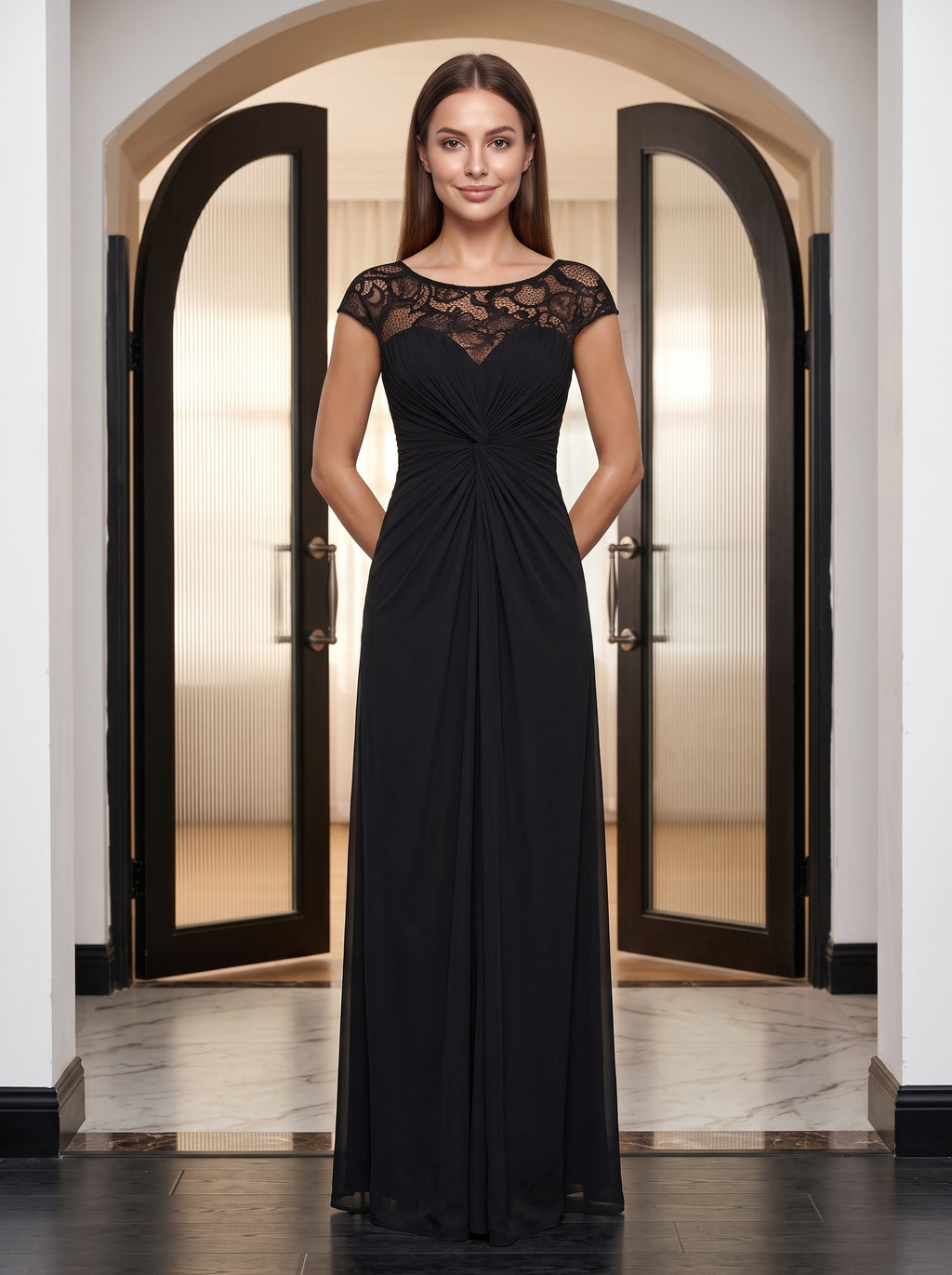 Black Chiffon & Lace Sheath Scoop Neck Illusion Floor-Length Dress with Ruched Bodice