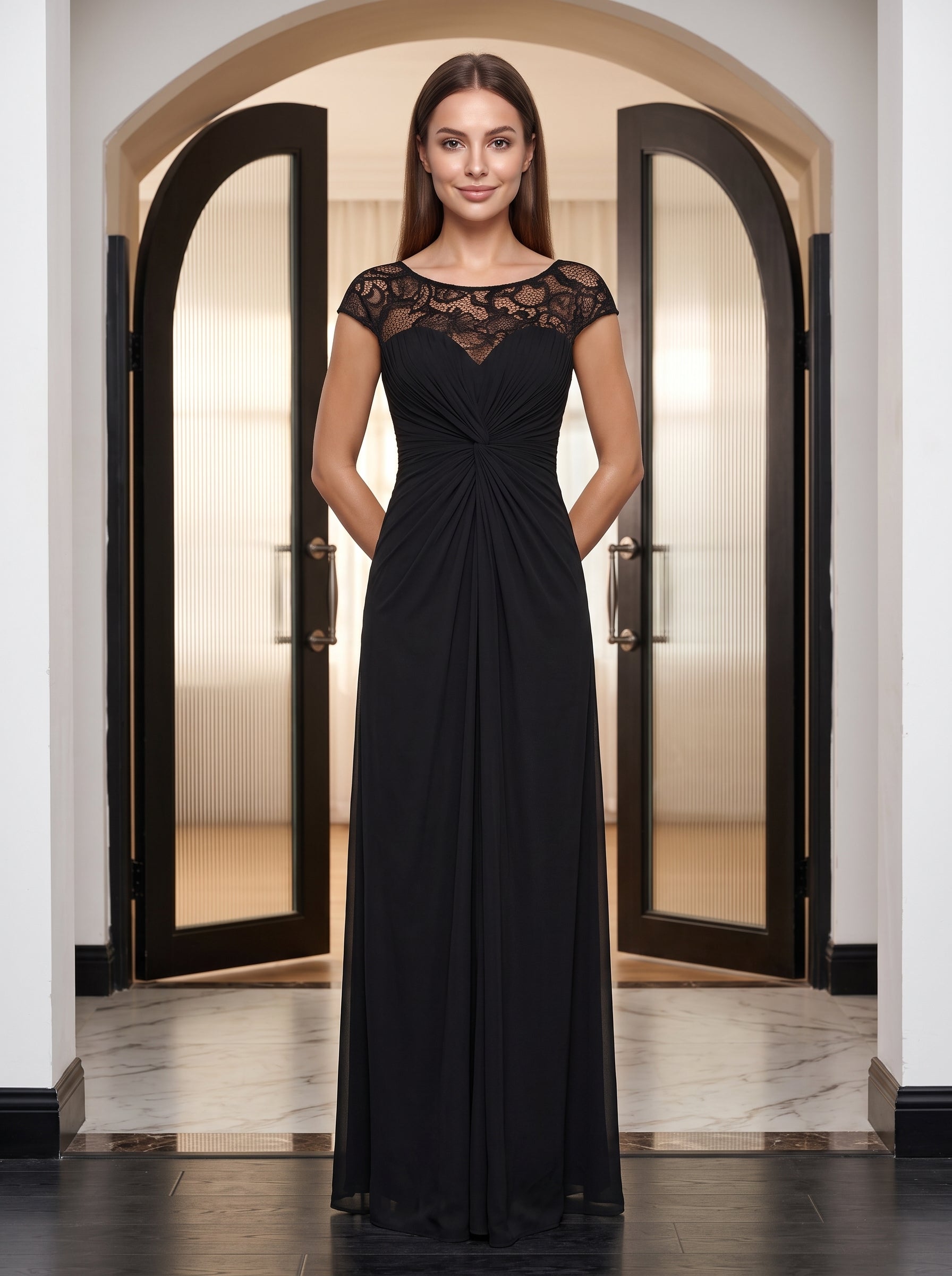 Black Chiffon & Lace Sheath Scoop Neck Illusion Floor-Length Dress with Ruched Bodice