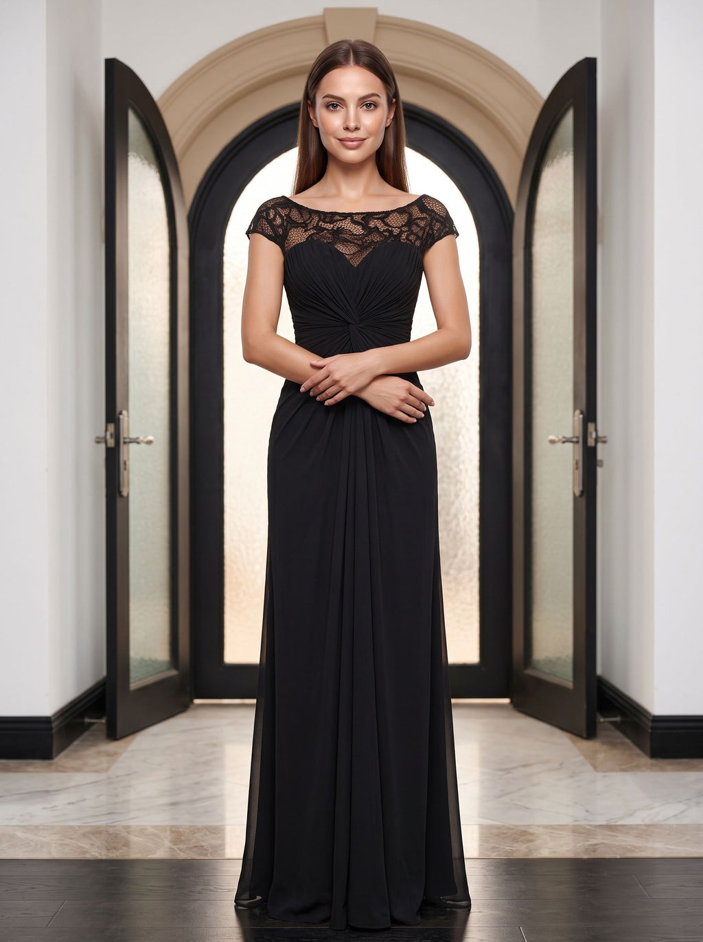Black Chiffon & Lace Sheath Scoop Neck Illusion Floor-Length Dress with Ruched Bodice